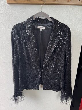 Nanette Lepore Black Sequin Feather Trim Blazer